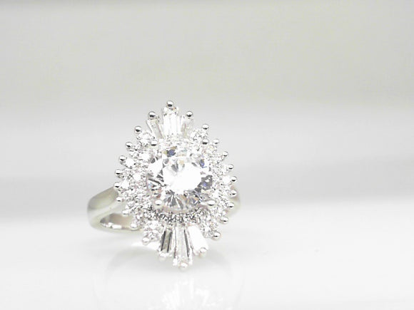 14k White Gold Baguette and Round Halo Engagement Ring