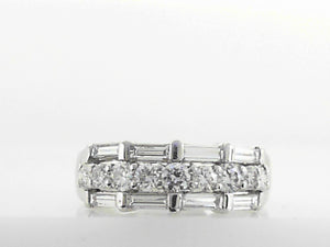 14k White Gold 3 Row Band with Round Diamond Center and Baguette Sides