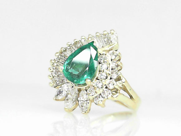 18k Yellow Gold Emerald (1.43ct) with Baguette and Round Diamond Halo and Split Shank