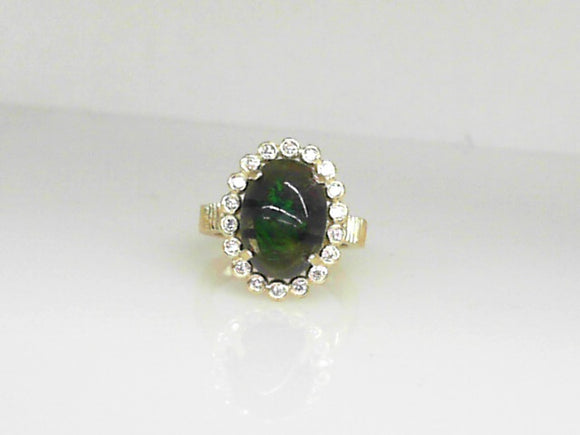 Green Gold Oval Black Opal Ring with Diamond Halo