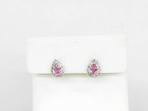 White Gold Pear Shaped Pink Sapphire Studs with Diamond Halo