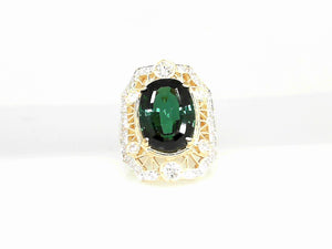 Yellow Gold GreenTourmaline Center with Diamond Shank Ring