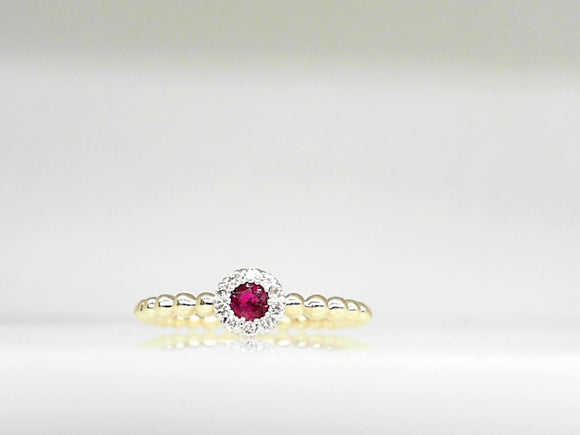 14k Yellow Gold Ruby (0.17ct) and Diamond (0.08ct) Beaded Ring 7.5