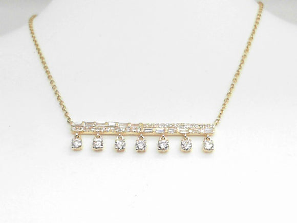 14k Yellow Gold Bar Necklace with Round (0.07ct) and Baguette (0.14ct) Diamonds