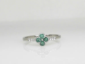 White Gold Dainty Clover Emerald and Diamond Ring