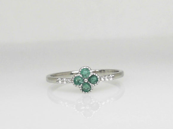 White Gold Dainty Clover Emerald and Diamond Ring