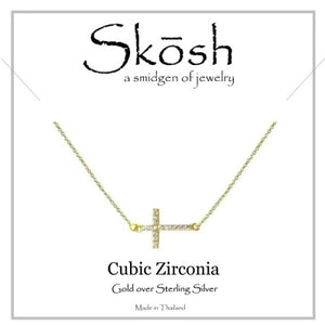 Skosh CZ Sideway Cross, Gold over Sterling Silver