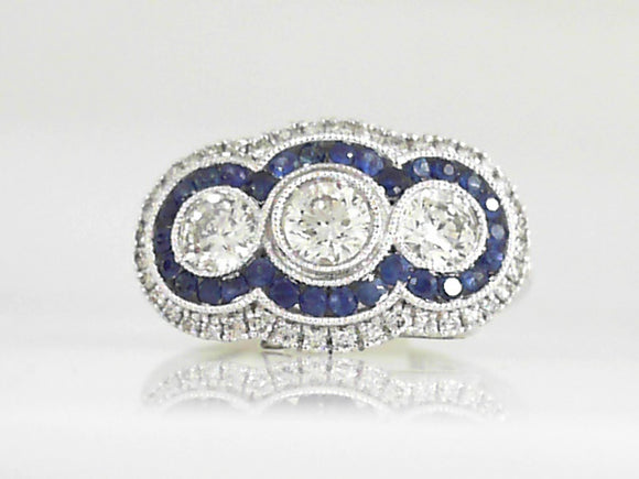 White Gold Three Stone Diamond Ring with Sapphires