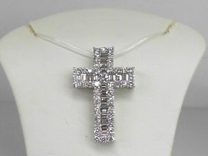 White Gold Diamond Cross Pendant with 1.87 CT Baguette and Round Diamonds