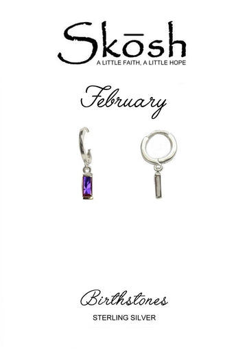 Skosh Sterling Silver February Baguette Birthstone Huggies