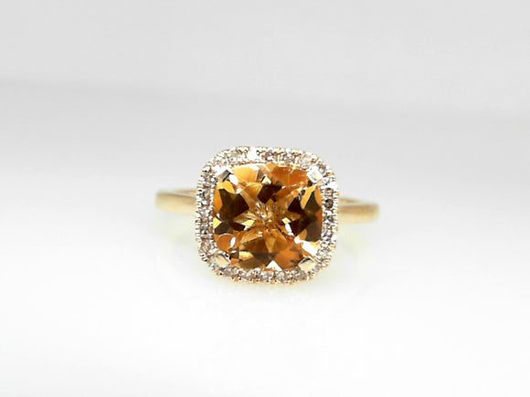 Yellow Gold Cushion Cut Citrine Ring with a Diamond Halo