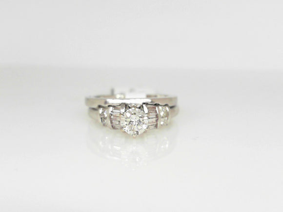 White Gold Round Diamond Engagement Ring with Baguette Accents