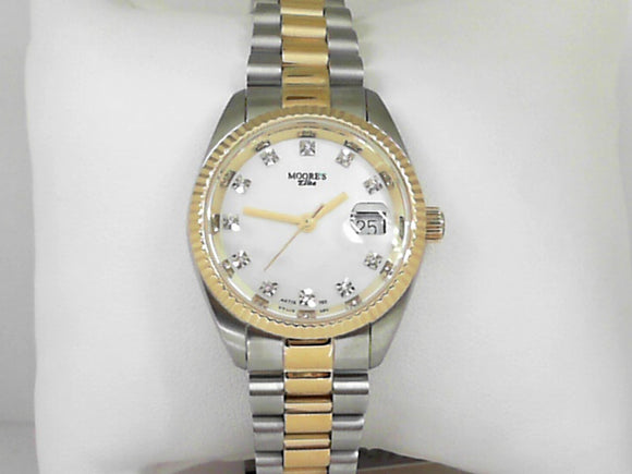 Ladies' Moore's Elite Midsize Two-Tone Watch with Mother of Pearl and Diamond Dial
