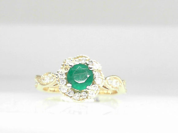 14k Yellow Gold Emerald (0.60ct) and Diamond Halo Floral Ring