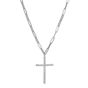 Charles Garnier Sterling Silver Paperclip Necklace with CZ Cross Pendant