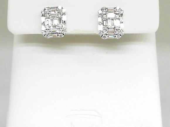14K White Gold Diamond and Baguette Stud Earrings