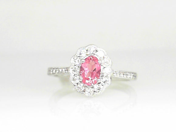 White Gold Pink Topaz Ring with a Flower Shaped Diamond Halo