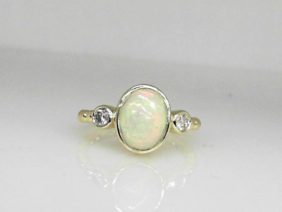 Green Gold Bezel Set Opal and Diamond Beaded Shank Ring