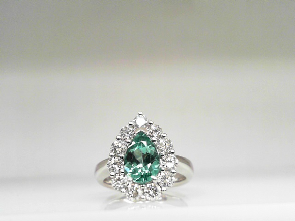 14k White Gold Pear Shape Blue/Green Tourmaline (1.37ct)  with Diamond Halo (1.11ct)