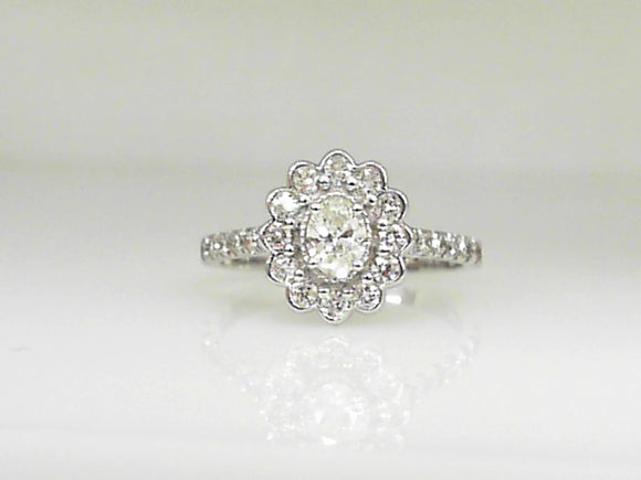 White Gold Oval Diamond Engagement Ring with Diamond Halo and Shank