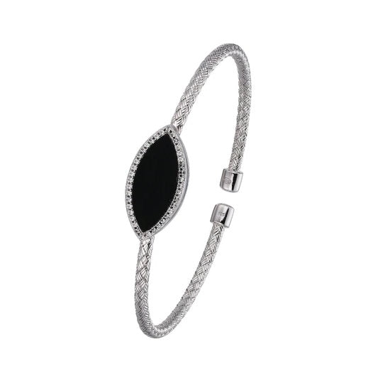 Sterling Silver w/ Rodium Finish 3mm Mesh Cuff with Black Onyx (Marquise Shape 20X9mm) and CZ