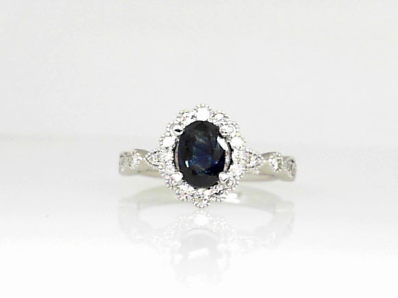 Platinum Oval Sapphire Ring with Diamond Halo