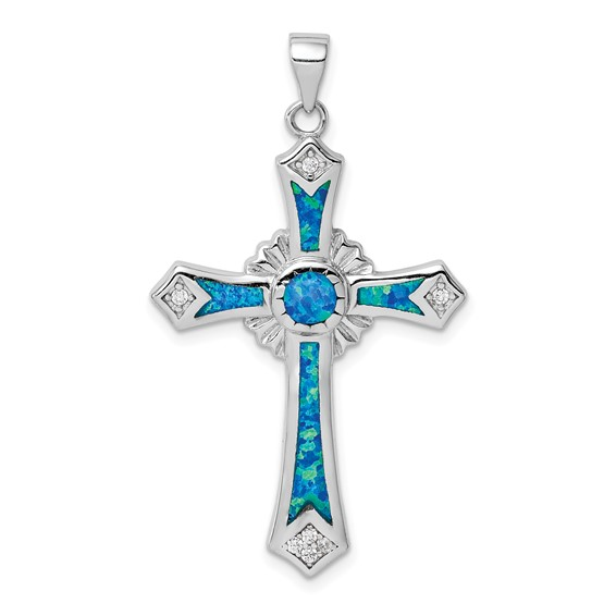 Sterling Silver Rhodium Plated Blue Opal and CZ Cross Pendant