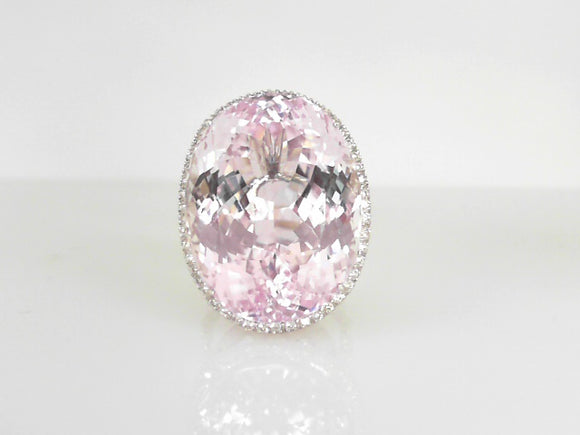 White Gold Kunzite Ring with a Diamond Halo