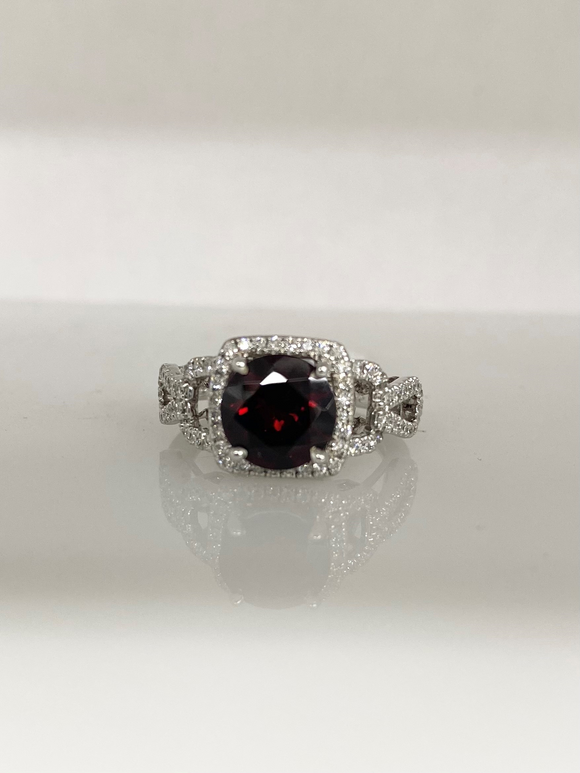 White Gold Garnet and Diamond Ring