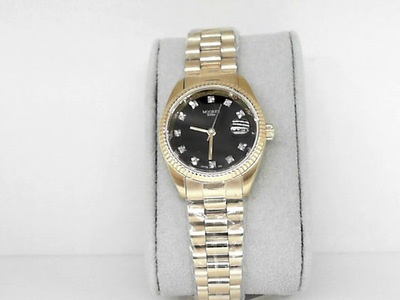 Ladies Midsize Gold Moore's Elite Watch with Black and Diamond Dial