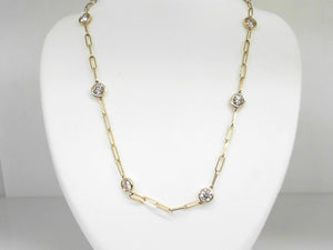 Yellow Gold Paperclip Diamond Station Necklace 18"