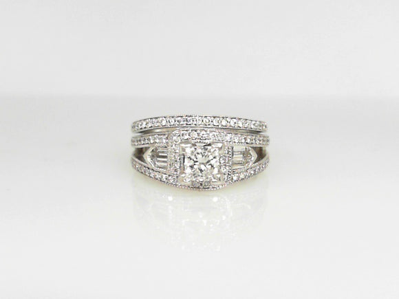 White Gold Princess Cut Diamond Bridal Set with Baguette Diamond Accents