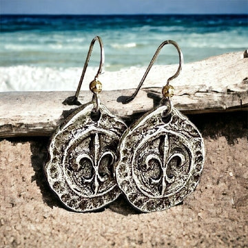 Sterling Silver Pewter Fleur d Lis Dangle Earrings