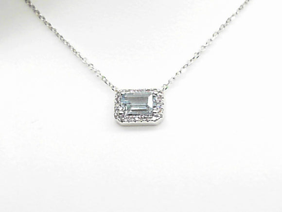 14k White Gold Diamond and Emerald cut Aquamarine with Halo Pendant with Chain