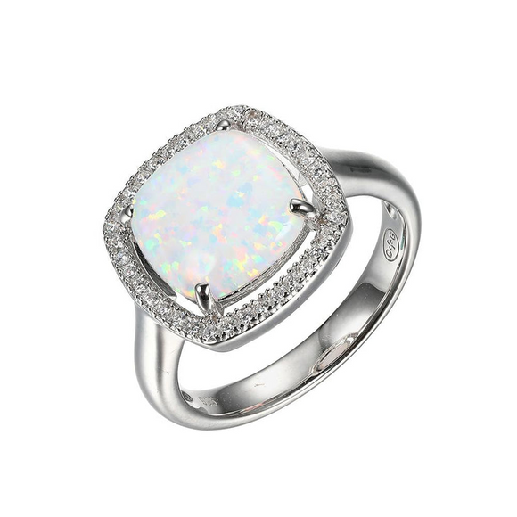 Sterling Silver Rhodium Cushion Synthetic Opal w/ Halo Ring Size 7