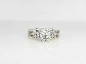 White Gold Round Diamond Engagement Ring with Halo and Three Row Shanks