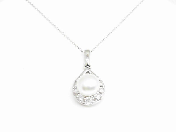 14k White Gold 5mm Pearl and Diamond (0.24ct) Necklace
