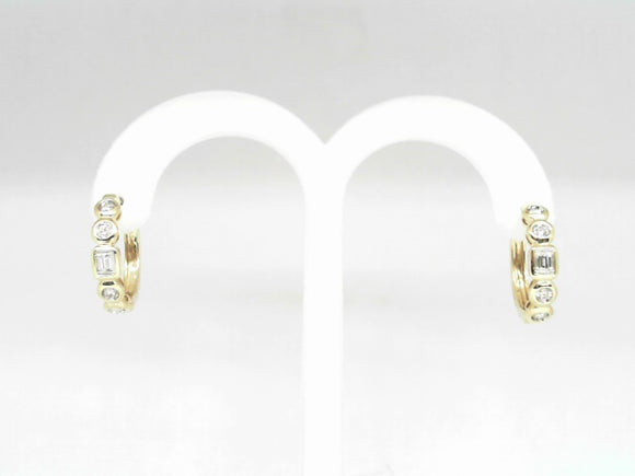 Yellow Gold Round and Baguette Diamond Hoop Earrings