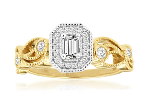 14K YG .38 CTW Emerald Cut w/ Halo Engagement Ring #17315