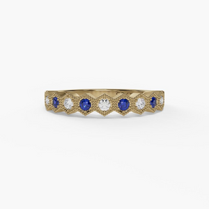 14k Yellow Gold Diamond and Blue Sapphire Band