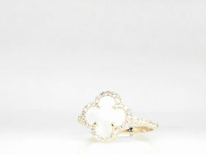 Yellow Gold Mother of Pearl and Diamond Clover Ring