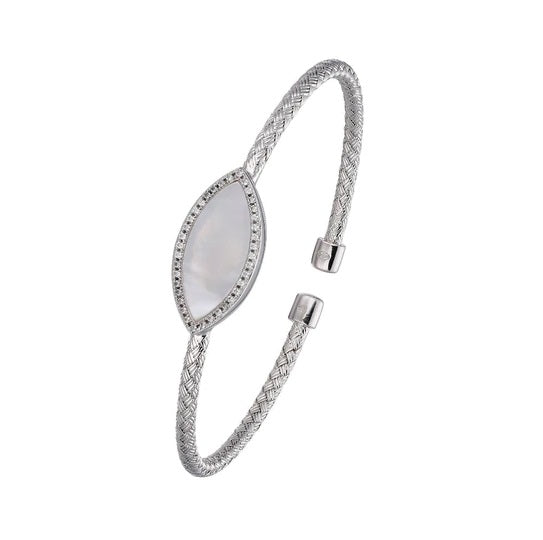 Sterling Silver 3mm Mesh Cuff with White Mother of Pearl and CZ, Rhodium Finish