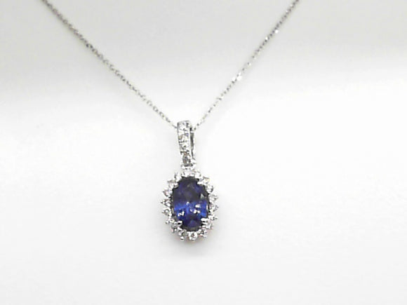 14k White Gold Diamond and Oval Blue Sapphire Pendant with Chain