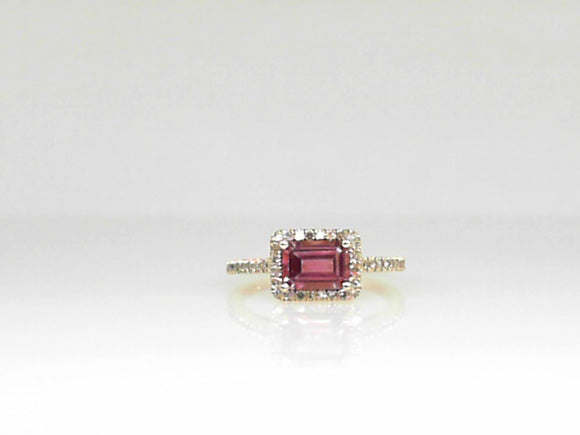 Yellow Gold Pink Tourmaline Ring with .21 CT Diamond halo and Shank