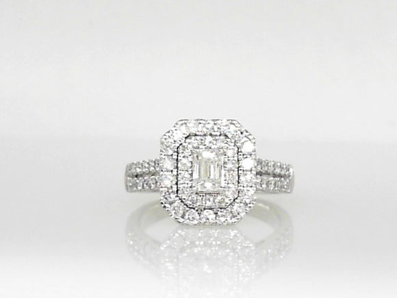 White Gold Emerald-Cut Diamond Ring with Double Diamond Halo