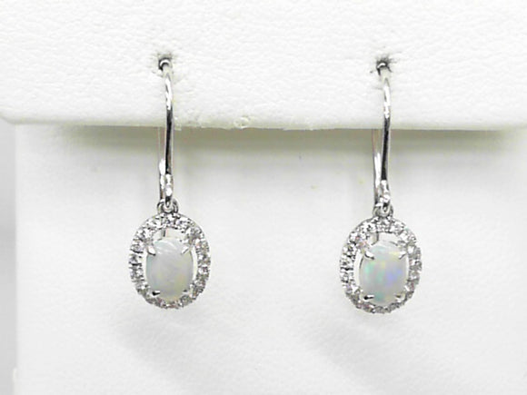 White Gold Oval Opal Dangle Earrings with 0.17 CT Diamond Halo