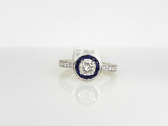 White Gold Round Diamond Engagement Ring with a Sapphire Halo