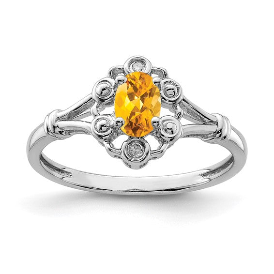 Sterling Silver Rhodium-plated Citrine and Diam. Ring Size 6