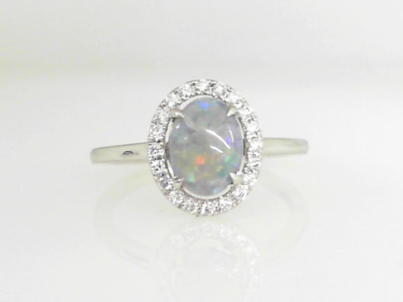 White Gold Oval Opal Ring with 0.14 CT Diamond Halo
