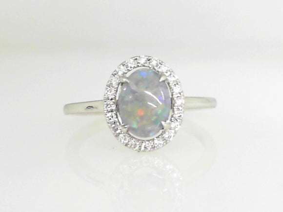 White Gold Oval Opal Ring with 0.14 CT Diamond Halo